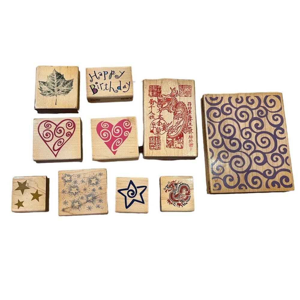Lot 10 Rubber Stampede Wood Mounted Rubber Stamps New Stars Hearts Chinese ++